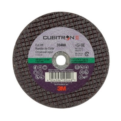 3M Cubitron II Cut-Off Wheel, 33460, 100 mm x 1 mm x 9.53 mm (4 in. x 0.04 in x 3/8 in), 5 wheels per carton, 6 cartons per case
